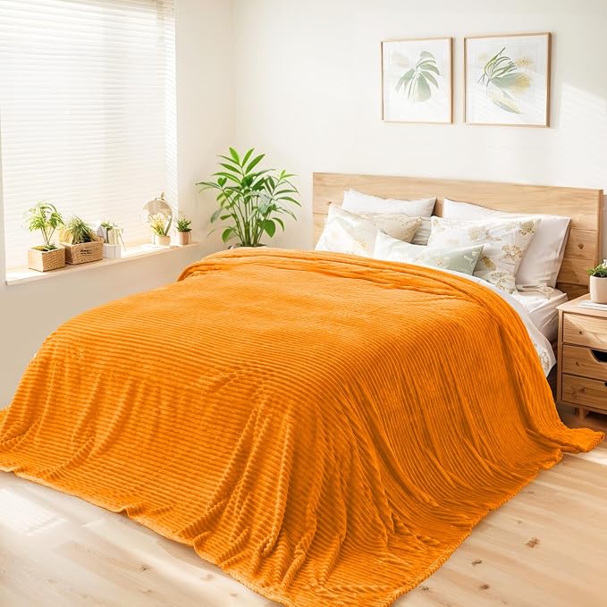 Vessia Flannel Fleece King Size Bed Blanket(108x90 inch), 300GSM Orange Striped Bed Blanket for Adults, Super Soft Warm Cozy Lightweight Ribbed Decor for All-Season