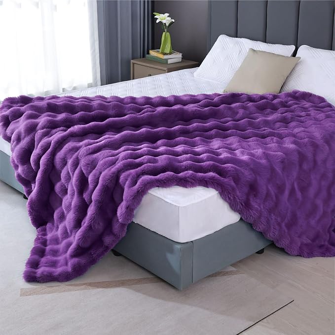 Purple Faux Fur Throw Blanket for Couch, Double-Sided Bubble Textured Plush Blanket with Soft Flannel Back, Decorative Throw for Sofa or Bed, Machine Washable, 50x60 Inches, 860 GSM