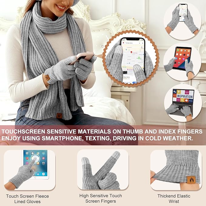Yusongirl Winter Women Scarf Gloves Beanie Ear Muffs Socks Set Cold Weather Warm Knit Hat Fleece Long Neck Warmer 5 in 1 Set