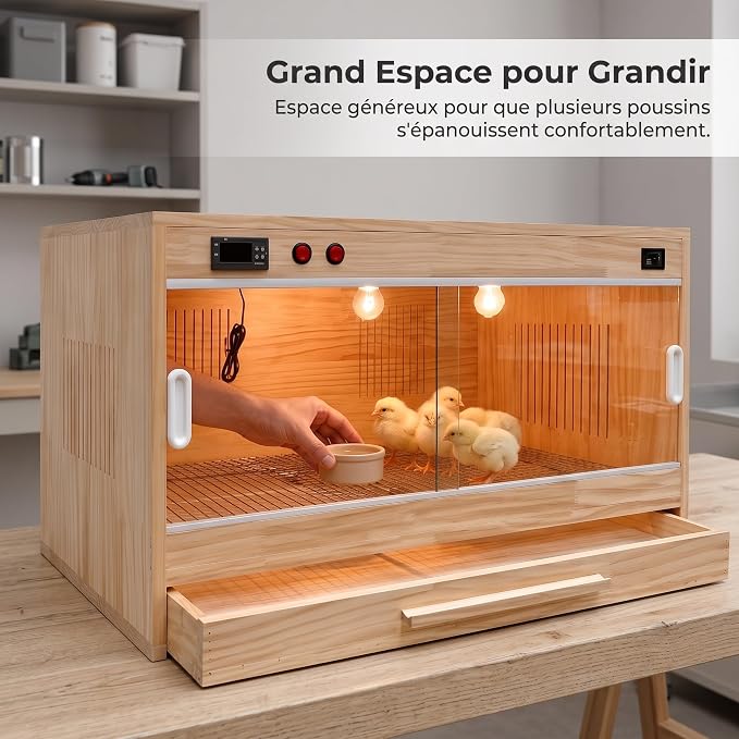 Wooden Box for Chicks and Small Animals, Pet Breeding Box with Sliding Door, Smart Thermostatic, 60x40x40 CM