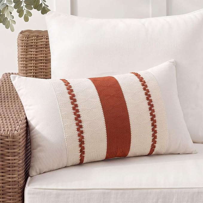 Fancy Homi Set of 1 Boho Burnt Orange Long Lumbar Decorative Throw Pillow Cover 16x24 Inch for Couch Bed Sofa Chair, Modern Organic Farmhouse Home Decor, Soft Cotton Cute Accent Rectangle Cushion Case