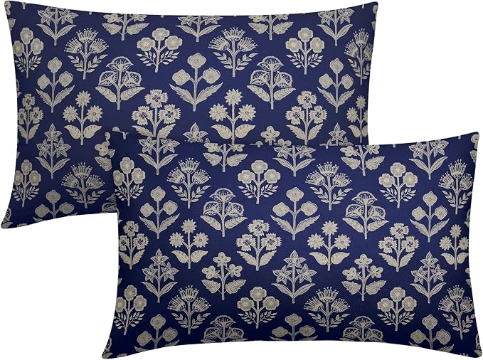 Navy Blue Pillow Covers 12x20 Inch Set of 2, Cream Floral Block Print Pattern Lumbar Decorative Throw Pillowcases Outdoor Farmhouse Rectangle Cushion Covers Spring Summer Sofa Couch Bed Decor