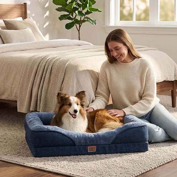 EHEYCIGA Orthopedic Dog Bed for Large Dog, Memory Foam Dog Couch, Navy | 36x27 Inch Large Sized Dog Sofa with Sides, Waterproof Liner & Washable Removable Cover, Bolster Pet Couch