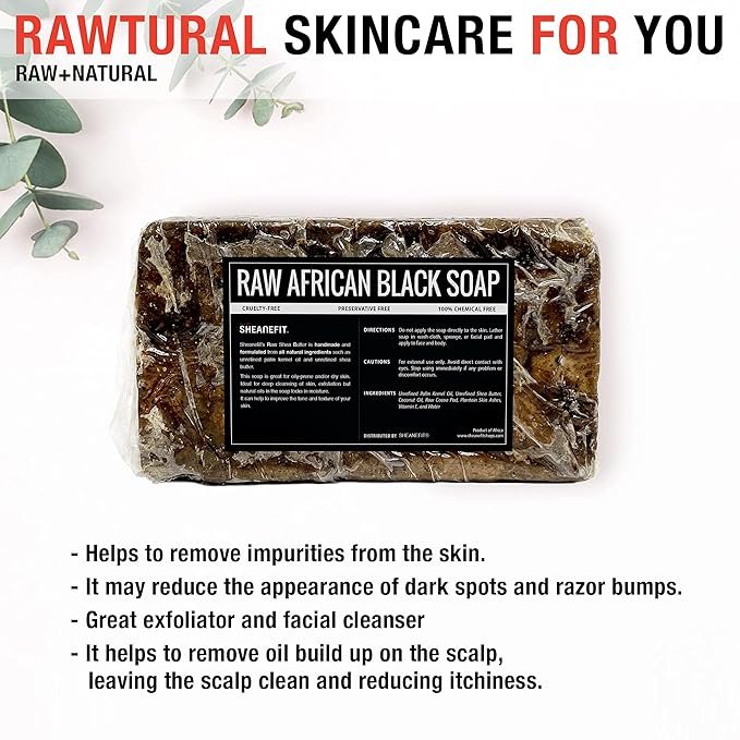 Sheanefit Raw African Black Soap Bar - For All Skin Types - Face, Body, Hair Soap Bulk Bars (15 Ounce (Pack of 1)