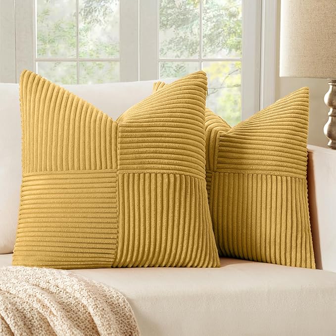 MIULEE Golden Mustard Decorative Throw Pillow Covers for Couch 18x18 Inch | 2 Pack, Boho Farmhouse Pillow Covers, Soft Cross Corduroy Patchwork Textured Cushion Cases For Bed Sofa