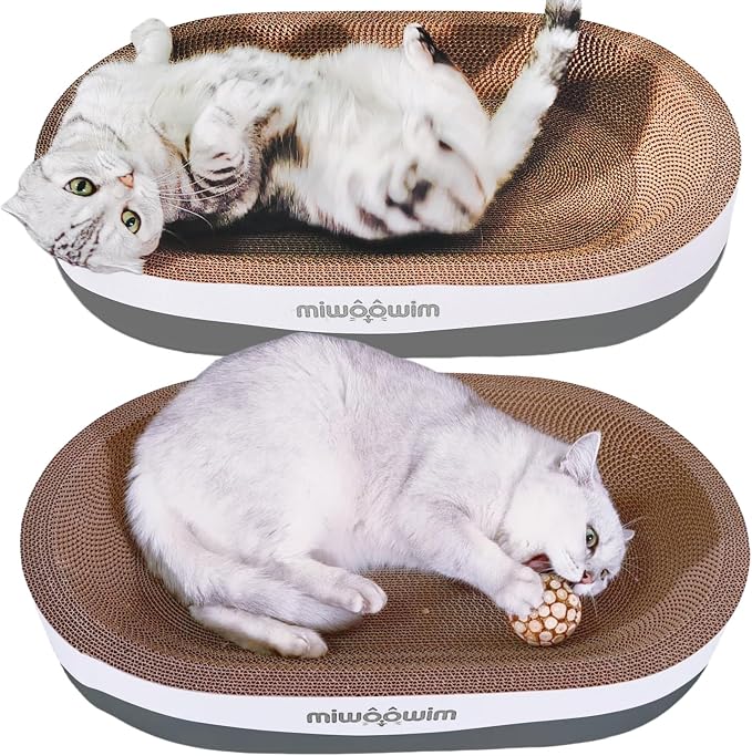 miwoowim 23.6" Extra Large Cat Scratcher Bed & Box Set, Oval Lounge Bowl | Includes 2 Oval Shape Beds & 1 Box with corrugated cardboard Scratch pad. Perfect for big cats and multi-cat households.