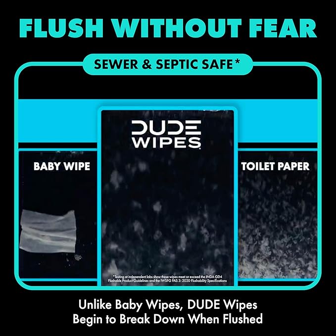 DUDE Wipes Mint Chill Flushable Wipes - Extra-Large Adult Wet Wipes - 3 Pack (144 Count) - Infused with Tea Tree Oil, Vitamin E, and Aloe - Septic and Sewer Safe