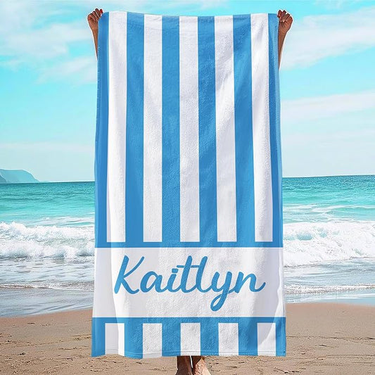 JML Personalized Beach Towel with Name, Custom Cabana Stripe Beach Towel, Customized Microfiber Pool Towel, Quick Dry & Absorbent Swim Towel for Adult,Mother's Day, Birthday, Summer Holiday,Vacation
