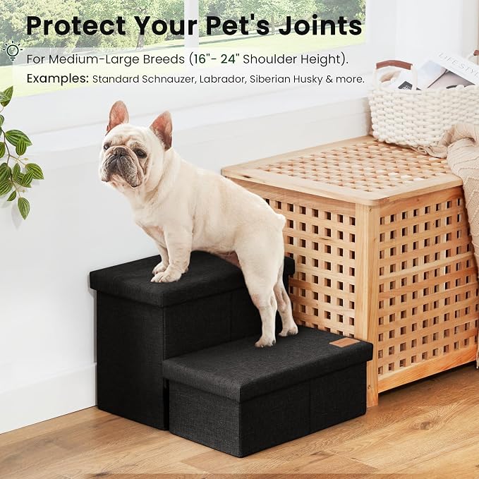 Love's cabin Dog Stairs for High Bed, Foldable Pet Stairs for Small Medium or Large Dogs Puppy with Storage for Bed or Couch, Cat Dog Steps Ramp with Zip up to 200 lbs, Black, 2 Steps