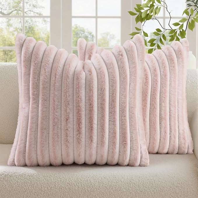 decorUhome Fall Faux Fur Throw Pillow Covers 26x26 Set of 2 Pink White | Decorative Soft Cozy Striped Plush Modern Farmhouse Boho Couch Pillow Cases Velvet Back for Sofa Bed Living Room Home Decor