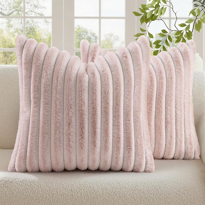 decorUhome Fall Faux Fur Throw Pillow Covers 20x20 Set of 2 Pink White | Decorative Soft Cozy Striped Plush Modern Farmhouse Boho Couch Pillow Cases Velvet Back for Sofa Bed Living Room Home Decor