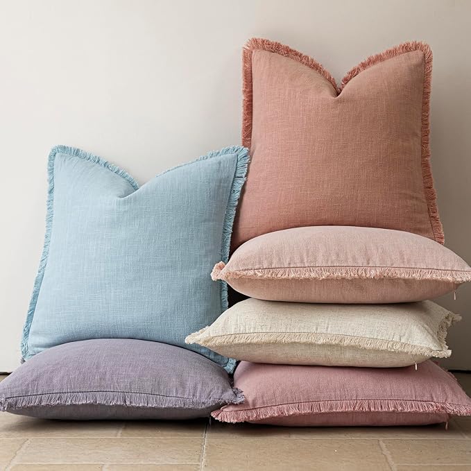 Foindtower Set of 2 Decorative Linen Fringe Throw Pillow Covers Cozy Boho Farmhouse Cushion Cover with Tassels Soft Accent Pillowcase for Couch Sofa Bed Living Room Home Decor,20×20 Inch,Coral Pink