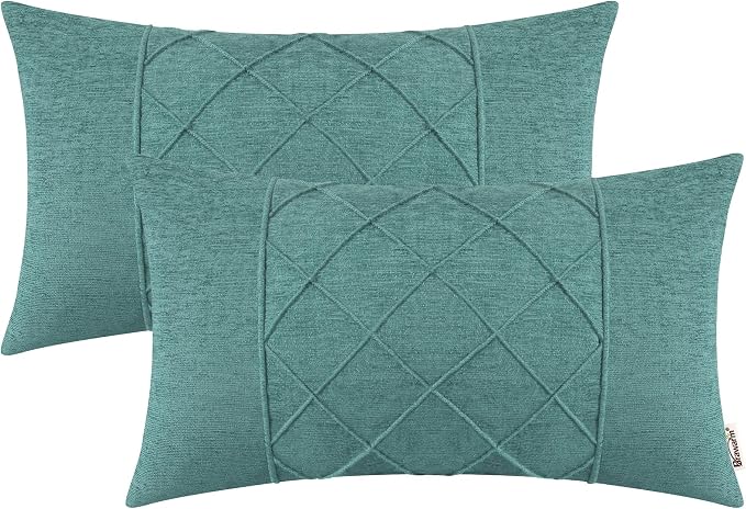 BRAWARM Chenille Throw Pillow Covers 12x20 Inches, Teal, 2 Pack | Decorative Lumbar Pleated Pillow Covers, Soft Cushion Cases for Sofa Bed Living Room Home Farmhouse (No Insert)