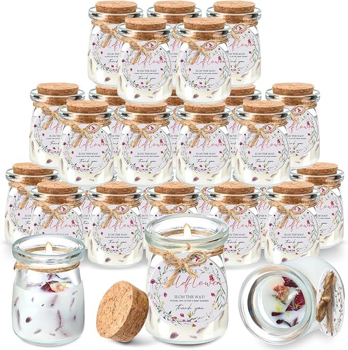 Threlaco 20 Pcs Wildflowers Baby Shower Favors Party Candle Lavender Scented Glass Mason Jar Wax Candle Bulk for Guests Girl Boy Gender Reveal Party Gifts(Colorful)