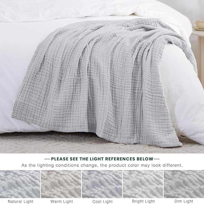 Love's cabin 100% Cotton Muslin Blanket, 6 Layer Lightweight Breathable Gauze Large Throw Blanket 50 x 70 Inches, Soft Cooling All Season Blanket for Couch or Sofa, Light Grey