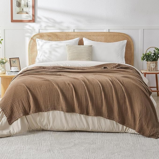 EMME Muslin Blankets for Adults Throw Blanket for Couch Breathable Gauze Soft Lightweight Airy Brown Twin 60" x 80"