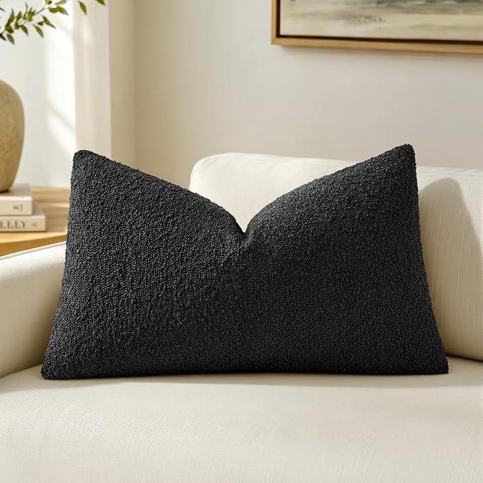 MIULEE Textured Boucle Lumbar Pillow Cover for Bed 12x20 Black | Pack of 1 Textured Neutral Couch Throw Pillow Cover, Accent Solid Pillowcase, Sofa Living Room Home Decor