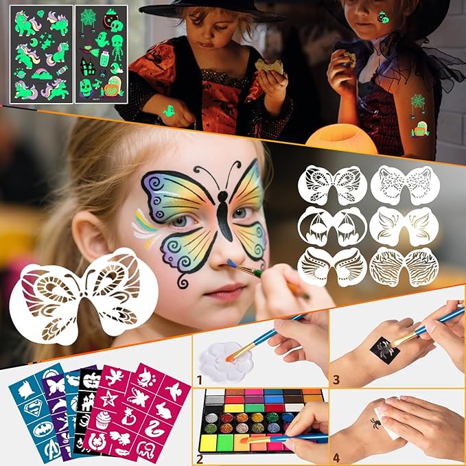Face Painting kit for Kids Aldult, 42 Colors Non Toxic Face Paint with 16 Face Paint Crayons, 6 Reusable Face Painting Stencils, 60 Sticky Stencils for Kids, 4 Stickers, for Parties, Halloween