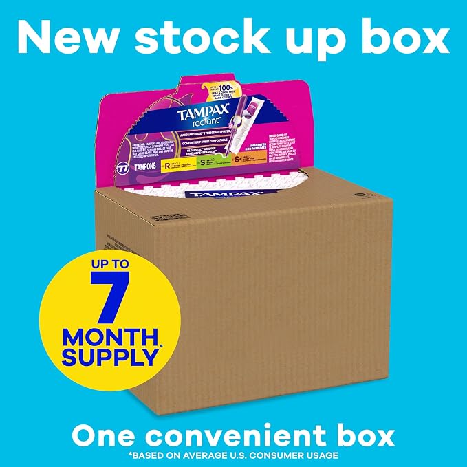 Tampax Radiant Tampons Multipack, with LeakGuard Braid, Regular/Super/Super Plus Absorbency, Up to 100% Leak and Odor Free Protection, Unscented, 77 Count