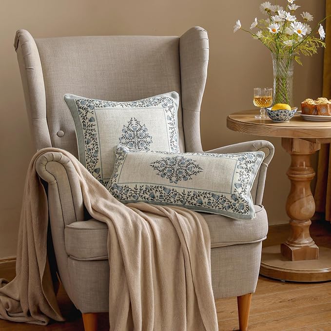 Designer Linen Throw Pillow Cover,Set of 2,18"x18"-Segerman A | Elegant Chinoiserie Square Pillow Cover,Concealed Zipper Design,Floral Pattern,Sofas,Bedroom,Living Room,Lounge Chairs