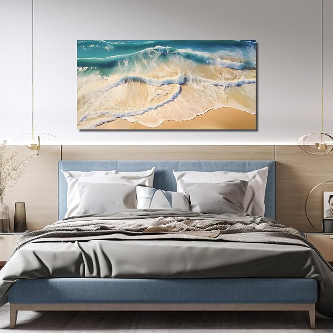 DNIEOTU Large Beach Wall Art for Living Room, Ocean Waves Canvas Wall-Decor for Bedroom, Landscape Picture Prints for Hallway Office, Size 59 x 29 Inches