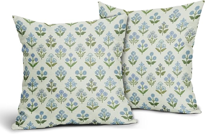 Blue Green Block Print Pillow Covers 24x24 Inch Set of 2, Vintage Floral Spring Decorative Throw Pillow Cases Boho Cushion Covers Rustic Decoration Gift Farmhouse Sofa Couch Bed Decor