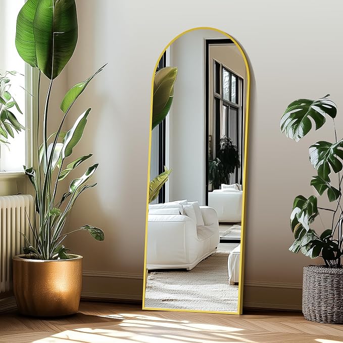 Full Length Mirror, Large Floor Mirror for Wall, Bedroom, Bathroom, Living Room with Aluminium Frame (Stand, Arch 56x15-Gold) | Aluminium alloy frame with HD float glass for distortion-free reflection. Free standing or wall mounted.