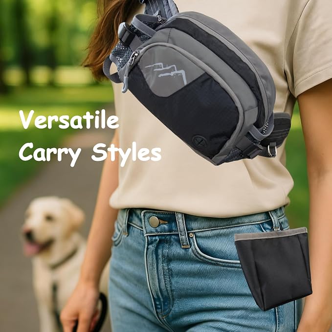 Dog Walking Fanny Pack with Removable Treat Pouch & 2 Retractable 300ml Water Bottle Holders, No Spill Magenetic Clasp - Hands-Free Pouches Training Waist Bag for Dog Owners, Poop Bag Dispenser