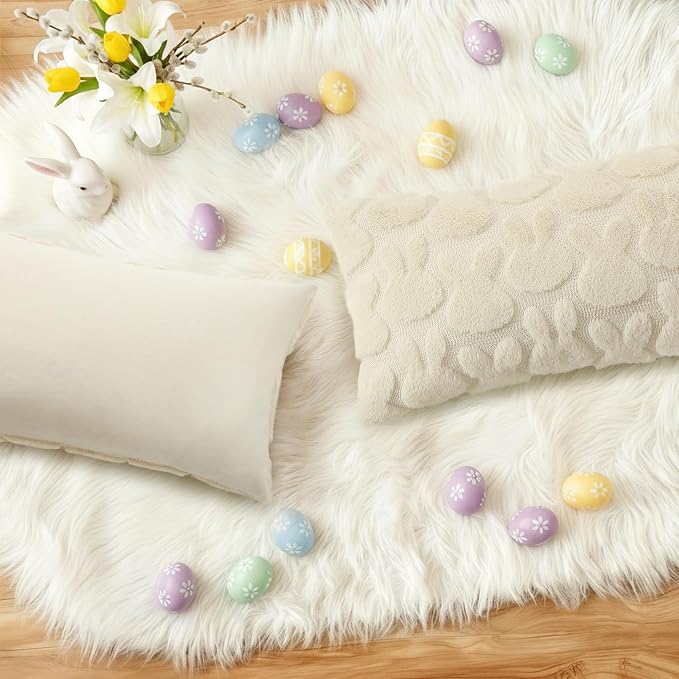 decorUhome Beige Faux Fur Bunny Throw Pillow Covers 12x20 Set of 2 | Plush Soft Wool Jacquard Beige Rabbit Cushion Covers, Modern Farmhouse Easter Holiday Decor PillowCases for Sofa Bed