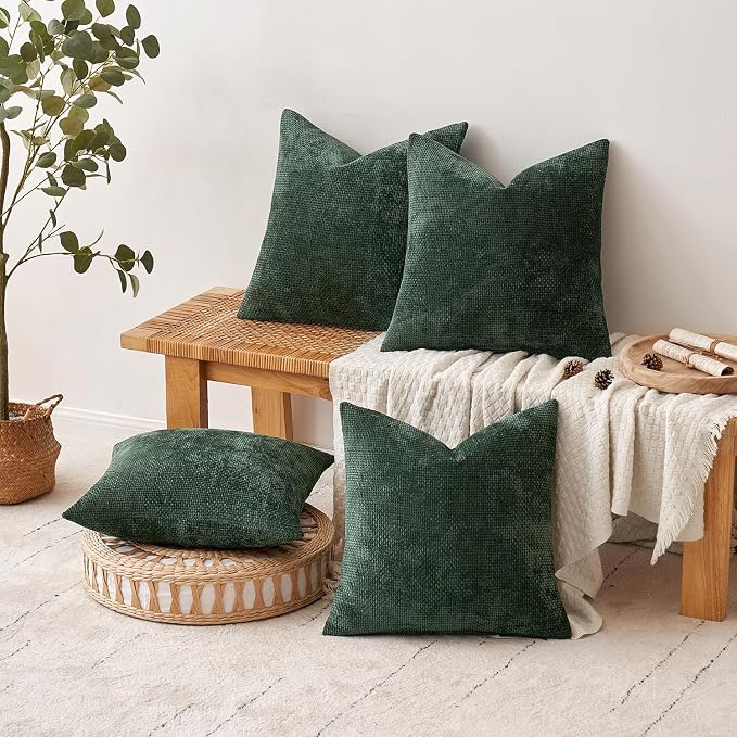 MIULEE Decorative Chenille Pillow Covers Christmas Green 18x18 Pack of 4 | Christmas Home Decor, All Same Green Color Set, Couch Throw Pillows, Farmhouse Boho Cushion Covers for Sofa Bed Living Room