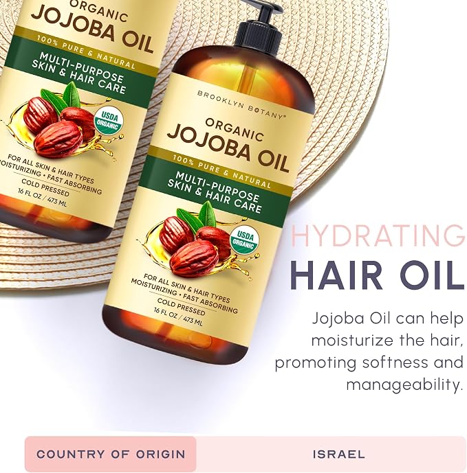 Brooklyn Botany Cold-Pressed Organic Jojoba Oil | 16 Fl Oz | Hair | Face | Body | 100% Pure and Natural | Carrier Oil | Aromatherapy | Massage | Ayurvedic Hair Care | Hexane-Free
