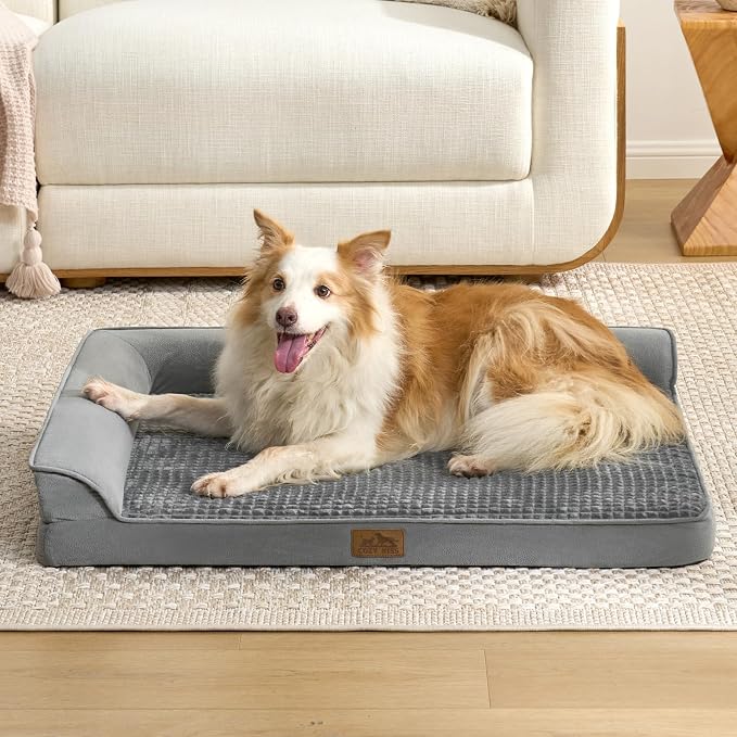COZY KISS Orthopedic Dog Bed for Extra Large Dogs, L Shaped XL 42x30 inch | Non-Slip Bottom Soft Pet Sofa with Washable Removable Waterproof Cover, Egg-Crate Foam Couch with Portable Handle, Grey
