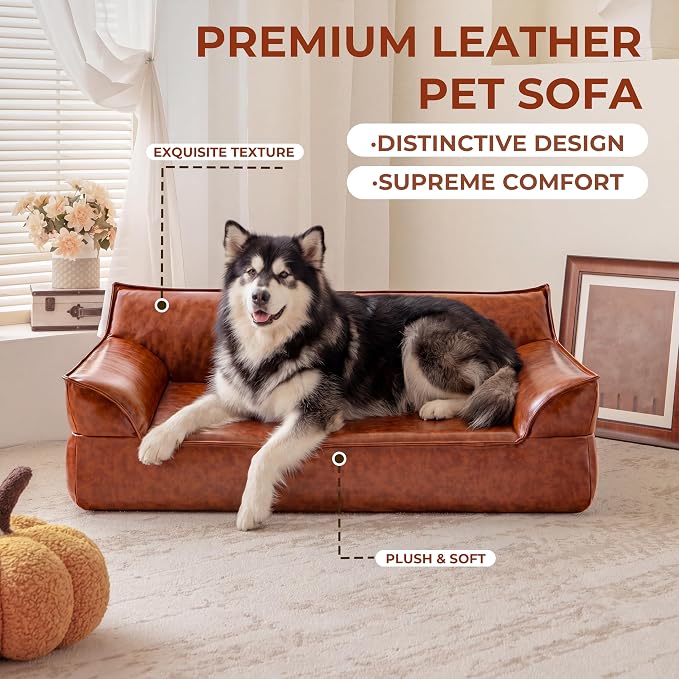 X-Large Leather Dog Sofa Pet Couch for Large Dogs Under 90 lbs, Brown | Mid Century Modern Elevated Luxurious Elevated Dog Chair, Big Dog Chaise Indoor Furniture Style Pet Supplies, Low Maintenance