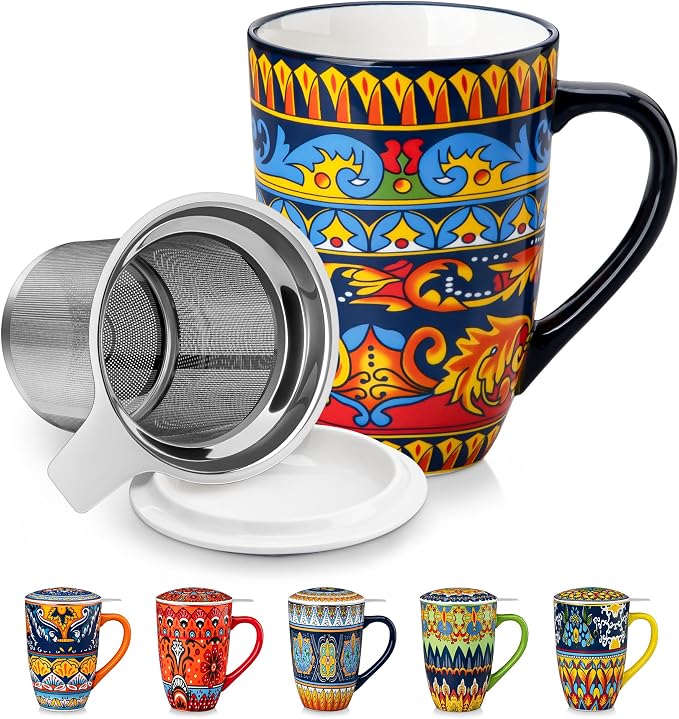 vancasso Ceramic Tea Cup with Infuser and Lid, 18 Ounce Tea Infuser Mug for Loose Leaf Tea, Microwave & Dishwasher Safe, Bohemian Mandala, Gift for Tea Lovers, Midnight Peacock