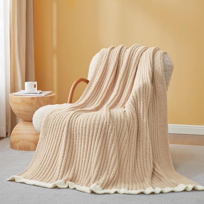 Snuggle Sac Fluffy Ribbed Beige Blanket Twin Size, Soft Luxurious Knit Fuzzy Plush Microfiber Blankets for Sofa, Bed, Beige, 60x80 inches