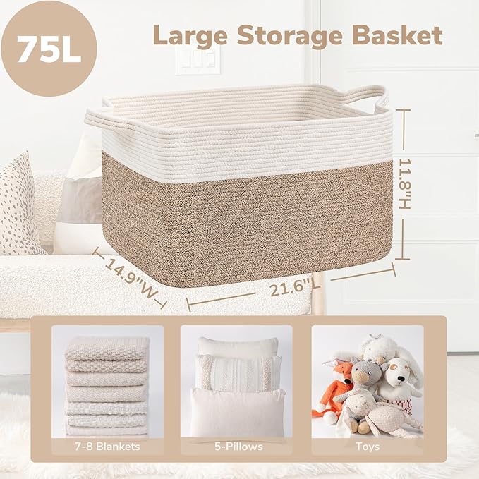 Goodpick Large Woven Rope Blanket Basket, Rectangle, White & Light Brown | 21.6" × 14.9" × 11.8" Storage Basket for Pillows & Toys Laundry, Nursery & Living Room Organization, Reinforced Handles