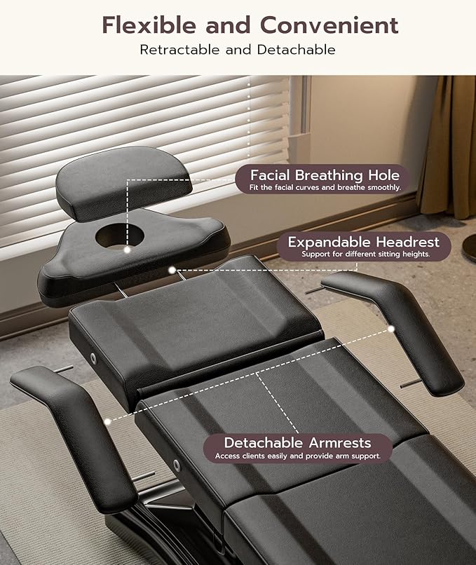 Icoget Fully Electric Tattoo Chair Esthetician Bed for Clients, 3-Motor Massage Table Adjustable Spa Facial Chair for Waxing, Lashing, Professional Aesthetics Bed for Salon, Black with Stool