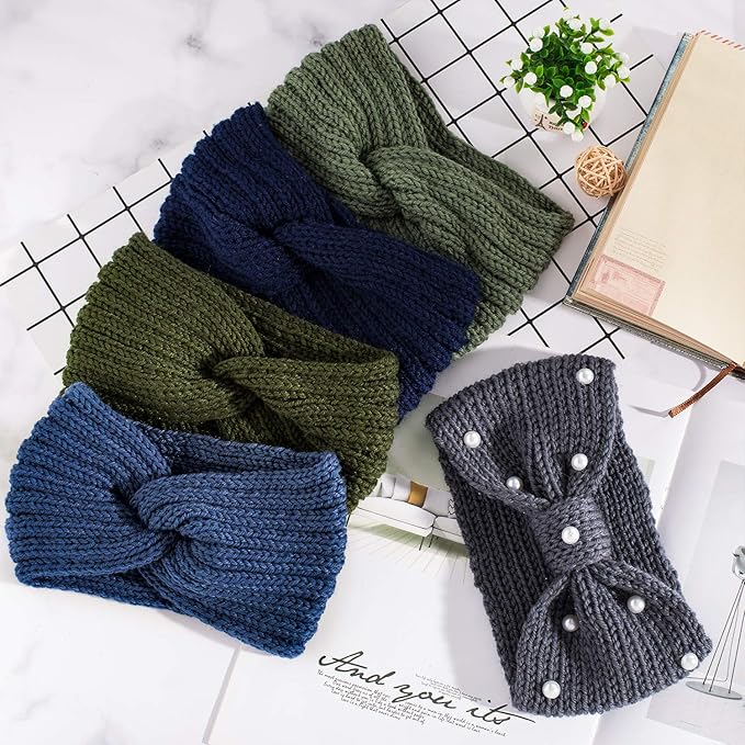 Whaline 5 Pieces Winter Knit Headbands Chunky Knit Headbands,4 Elastic Turban Head Wraps and 1 Pearl Crochet Hair Band, Ear Warmer Crochet Head Wraps for Women Girls (Blue Green Colors)