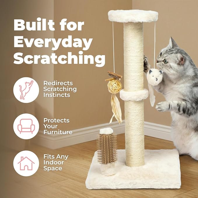 Best Pet Supplies Catify Cat Scratching Post - Beige H: 33" | 15" x 15" x 33", Interactive Cat Pole, Built-In Toys, Durable Sisal, Furniture Protector, For Indoor Kittens and Cats