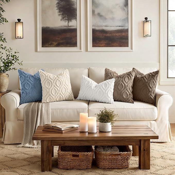 decorUhome Faux Fur Plush Soft Blue Throw Pillow Covers 16x16 Set of 2 | Wool Solid Fall Couch Pillow Covers, Accent Modern Farmhouse Neutral Decorative Square Pillow Cases for Sofa Bed Living Room
