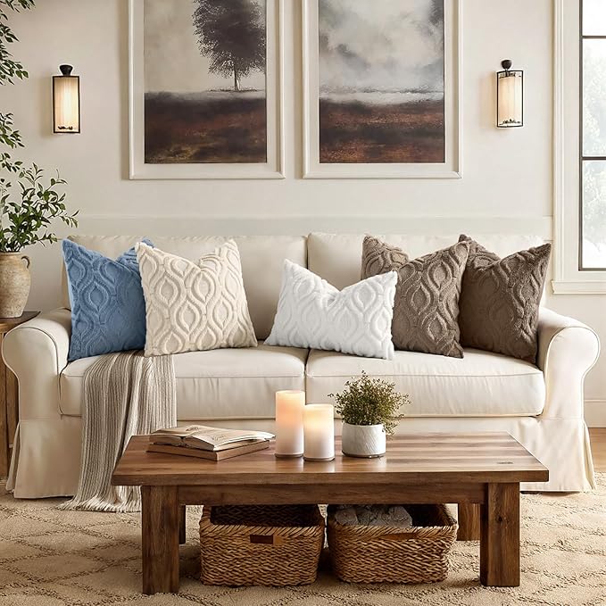 decorUhome Faux Fur Soft Dusty Blue Throw Pillow Covers 26x26 Set of 2 | Plush Solid Fall Couch Pillow Covers, Accent Modern Farmhouse Neutral Decorative Square Pillow Cases for Sofa Bed Living Room