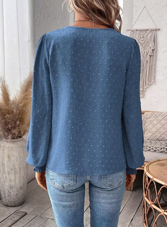 Womens Tops Swiss Dot Boho Long Sleeve Shirts V Neck Casual Chiffon Blouses Flowy Lace Hem Cute Clothing Trendy 2026
