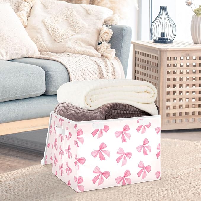 Pink Bow Storage Bins with Lids and Carrying Handle,Foldable Storage Boxes Organizer Containers Baskets Cube with Cover for Home Bedroom Closet Office
