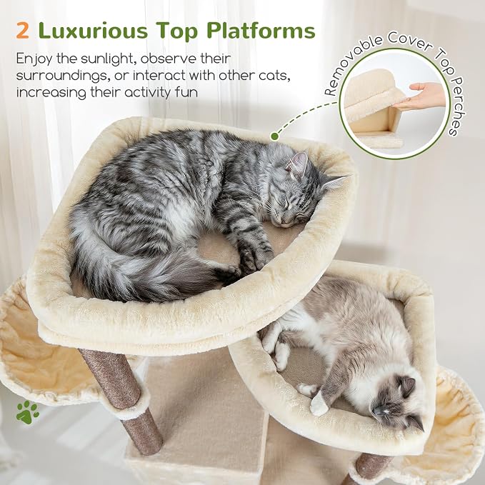 Globlazer Cat Tree Tower for Indoor Cats, Sturdy Adult Cat Tree House for Large Adult Cats with 2 Platform, 6 Cat Scratching Post, 2 Cat Caves, Dangling Toys, S63, 63 inch, Beige
