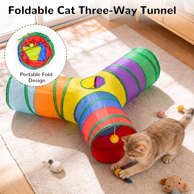 Tempcore Cat Tunnel, 3-Way Collapsible Toy, Large Size Rainbow