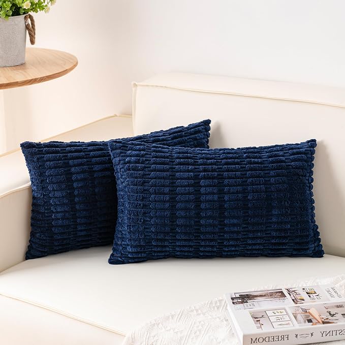 Aegero Pack of 2 Corduroy Decorative Throw Pillow Covers 12x24 Inch, Blue | Fall Soft Striped Pillow Covers Modern Farmhouse Home Decor Christmas Throw Pillow Covers for Sofa Living Room Couch Bed