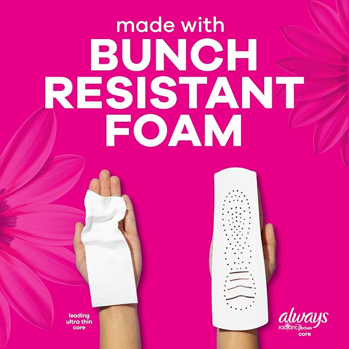 Always Radiant Feminine Pads for Women, Flexfoam Pads with Wings, Size 2, Heavy Absorbency, Lightly Scented, 78 Count (3 Packs of 26)
