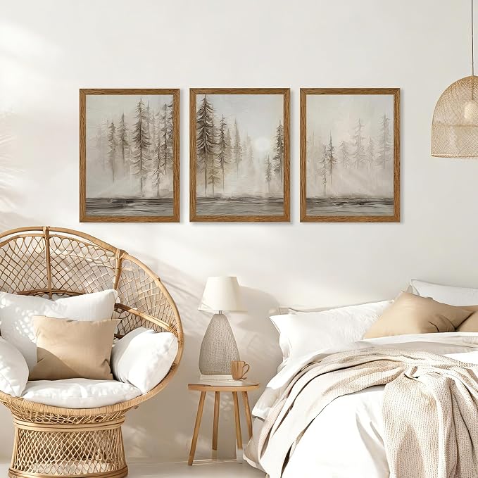 Urmoya 3 Pieces Scandinavian Pine Tree Neutral Forest Wall Art 12x16 in | Wood framed canvas, Forest scene, Nordic modern style, Ready to hang, for living room, hallway, office, or bedroom decor