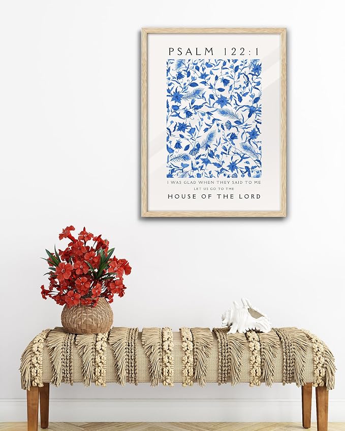 EcoHest 16x20 in Psalm 122:1 Blue Floral Framed Christian Wall Art | Solid Oak Wood Frame with Canvas Wall Art, Botanical Scripture Wall Decor for Bedroom, Living Room, Office, Church, 1Pack