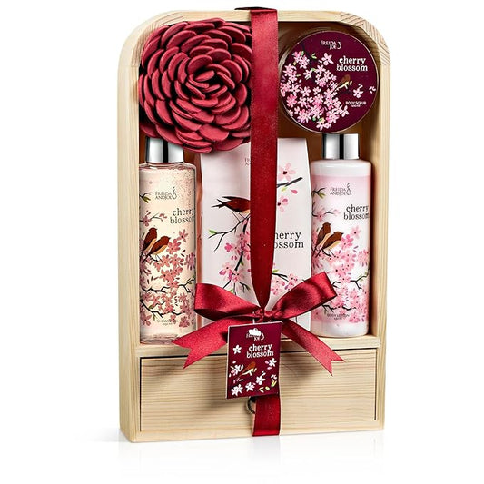 Elegant Modern Bath and Body Gift Set Home Spa Set with Shower Gel, Body Lotion, Bath Salt, Body Scrub & Pouf in Wooden Curio (Modern Cherry Blossom) – Mother's Day Gift for Mom